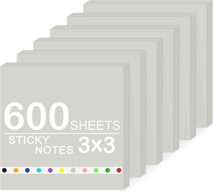 Super Sticky Notes,6 Pads Self-Stick Note Pads 3 x 3 in,600 Sheets Total Sticky Notepad Bulk Post,Office Supplies,School Supplies,Christmas Decor (Light Gray, 6 Pads Sticky Notes 3x3)