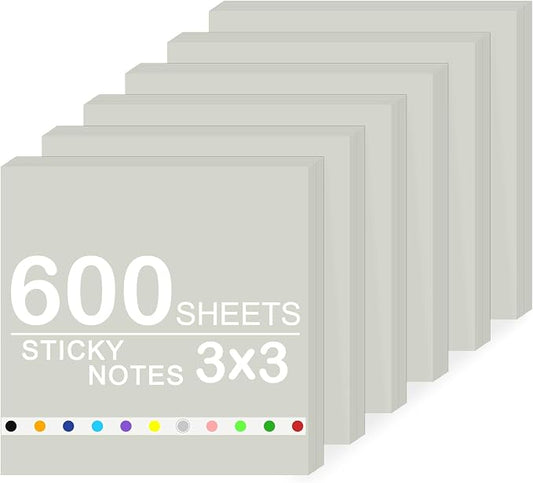 Super Sticky Notes,6 Pads Self-Stick Note Pads 3 x 3 in,600 Sheets Total Sticky Notepad Bulk Post,Office Supplies,School Supplies,Christmas Decor (Light Gray, 6 Pads Sticky Notes 3x3)