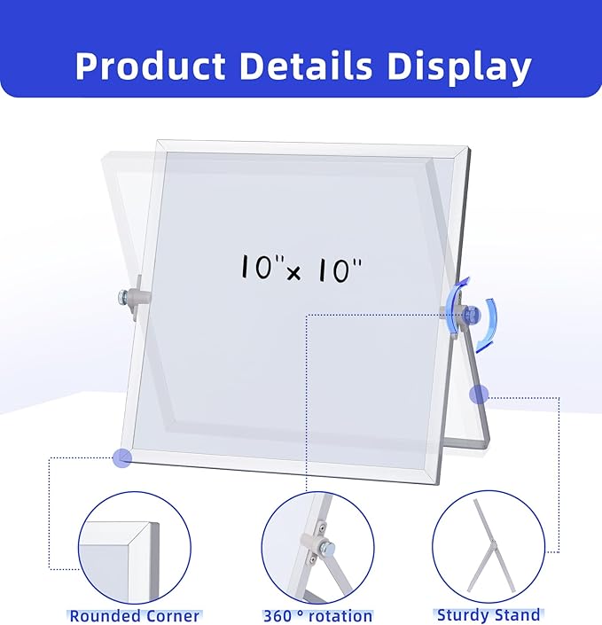 MXG Double Sided Magnetic Dry Erase Board, 10x10 Inch Portable Small White Board with Stand, 360 Rotatable & Adjustable, Includes Markers, Eraser & Magnets, for Office, Home, Desk