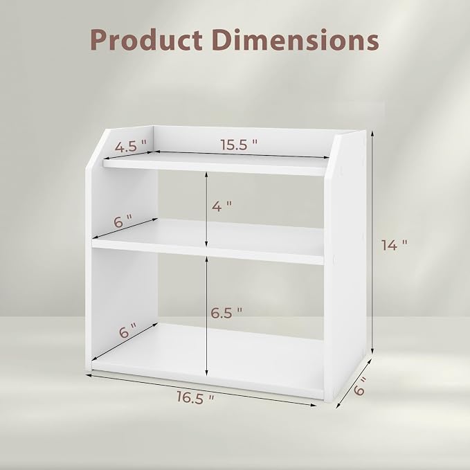 Tangkula 3-Tier Desktop Bookshelf, Wooden Countertop Bookcase with Guardrails, Space-Saving Desk Display Hutch Shelf, Modern Tabletop Storage Organizer for Study Room, Office and Dormitory (1,White)