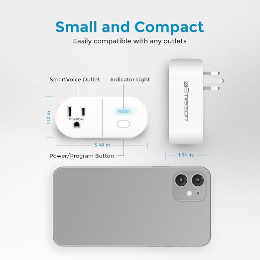 Emerson SmartVoice Smart Wall Plug, Single Outlet Voice Control, No WiFi or App, Hands-Free Control, Sleep & Wake Timer, ETL Listed