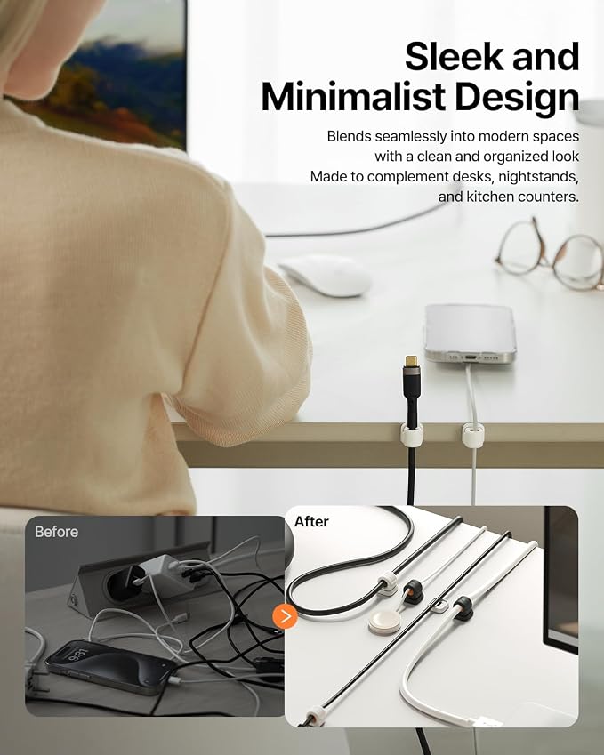 6 Pack Sinjimoru Magnetic Cable Clips, Compact Size Cord Organizer & Cable Management for Desk, Nightstand & Car, Fits up to 7.5mm Cables, White