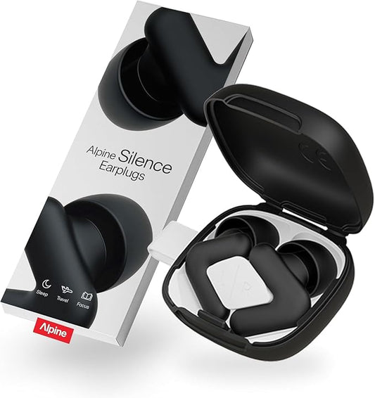 Alpine Silence Earplugs for Sleep, Focus & Travel - V-Shape Snug Fit & Soft Oval Tips – 4 Sizes XS/S/M/L - Comfortable, Reusable Hearing Protection - up to 22dB – Black