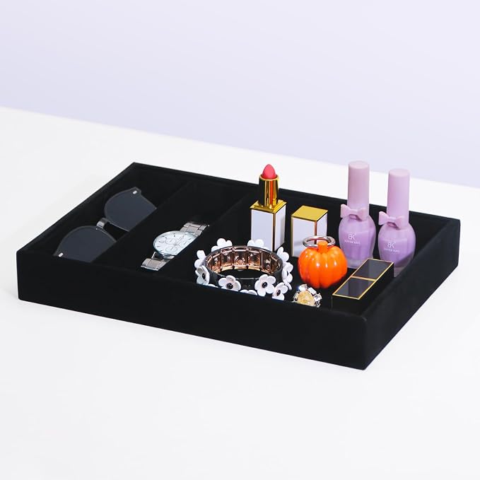 Bedside Organizer Tray, Desktop Storage Tray for Jewelry, Sunglass, Phone, Watch, Perfume,Lipstick, Nightstand Desk-top Catchall, Multi-use Holder for Desk Drawer (Black 3Grid)