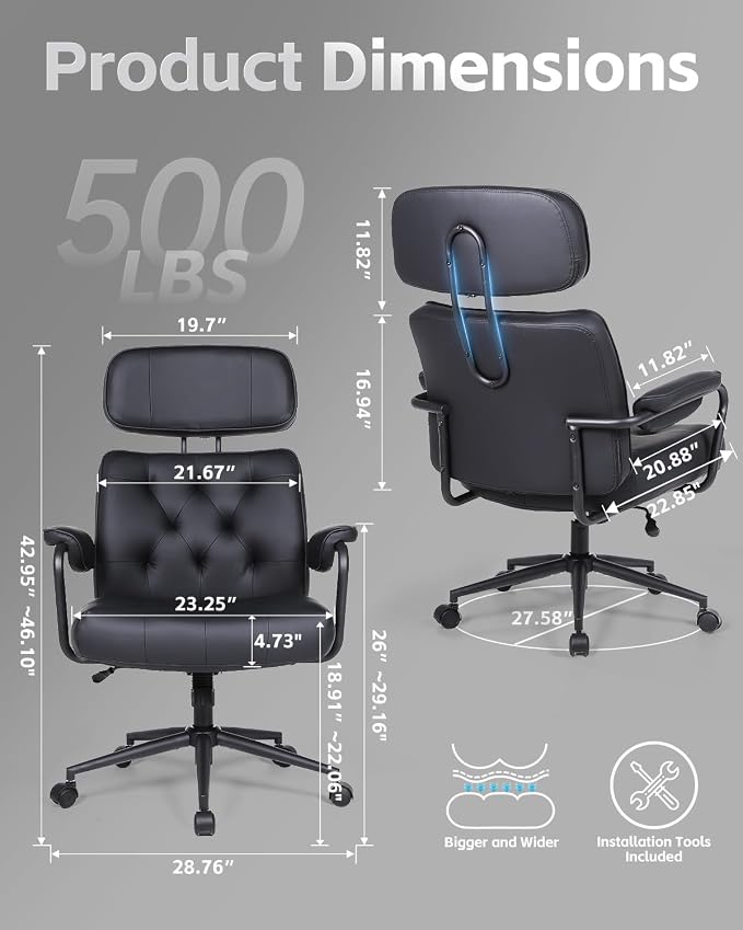 Mid Century Modern Home Office Desk Chair, Ergonomic Office Chair Big and Tall, High Back Executive Office Chair Leather Extra Wide, Computer Chair Comfy, Adjustable Height Rolling Chair, Black 2PC