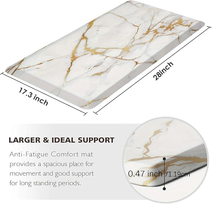 MAYHMYO Kitchen Mats Cushioned Anti Fatigue 0.47" Thick, White and Gold Marble Kitchen Rug Floor Mat, Non Slip Waterproof Modern Comfort Standing Mat for Home, Office, Sink