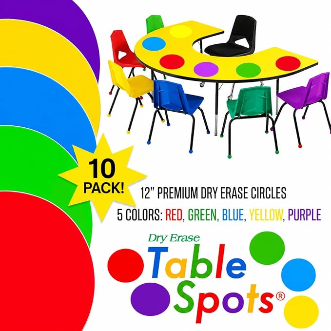 NEW Larger Size! | The Original Table Spots for Teachers | No Staining, No Shadowing, Complete Erase! Dry Erase, 10 Pack Multicolor Circles, Wall Stickers, Decals