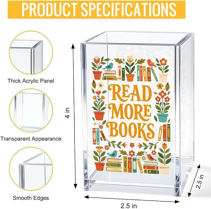 Read More Books Floral Acrylic Stationery Holder, Readers Book Lovers Clear Desktop Organizer for Office School Home Work Desk Accessories Gifts for Readers Teachers Women Girls