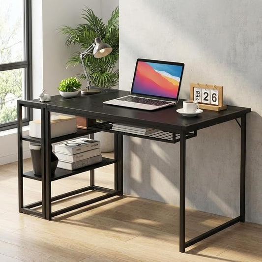 Takywep Folding Desk, 35 Inch Foldable Computer Desk with Storage Shelf, Small Computer Desk for Small Spaces, No Assembly Writing Table for Remote Work Corner Reading Room, Black