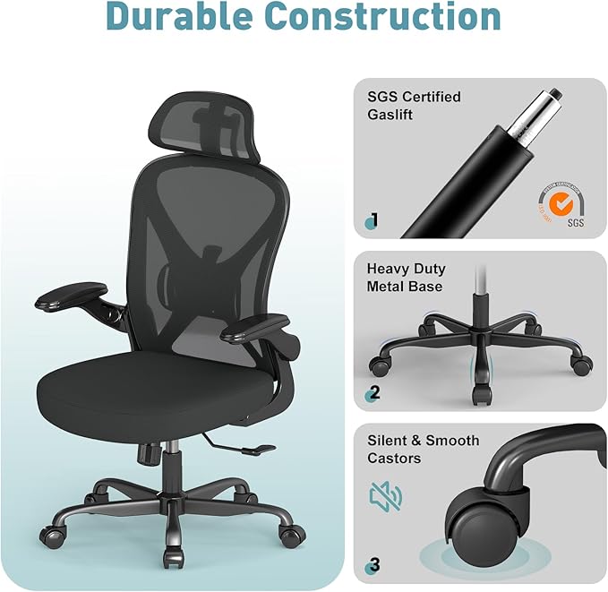 Ergonomic Office Chair with Adjustable Lumbar Support and Headrest, 300 lbs Swivel Desk Chair with Flip-Up Arms, Mesh Comfy Padded Seat for Computer and Home, Black