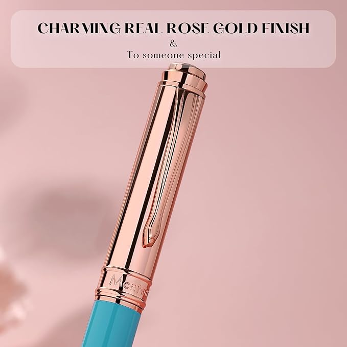 Turquoise Pen with 8MM Diamond-Stunning Luxury Fountain Pen, Schmidt 18K Gold Plated Nib (Fine), Real Rose Gold Finish, Fancy Pen Gift Set for Women, Executive, Nice, Beautiful Designer Pens