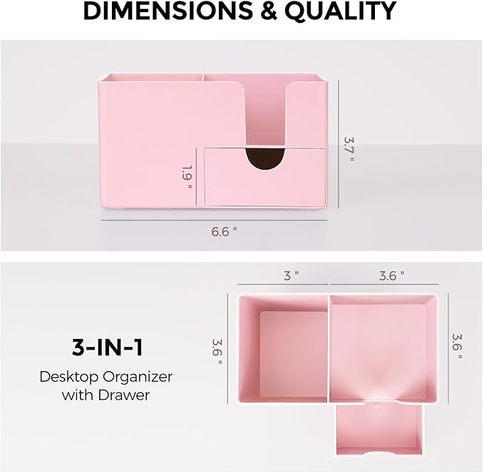 SKYDUE Small Desk Organizer with Drawer | 3 Compartments, Desk Pen Holder, For Home, School, Classroom & Office