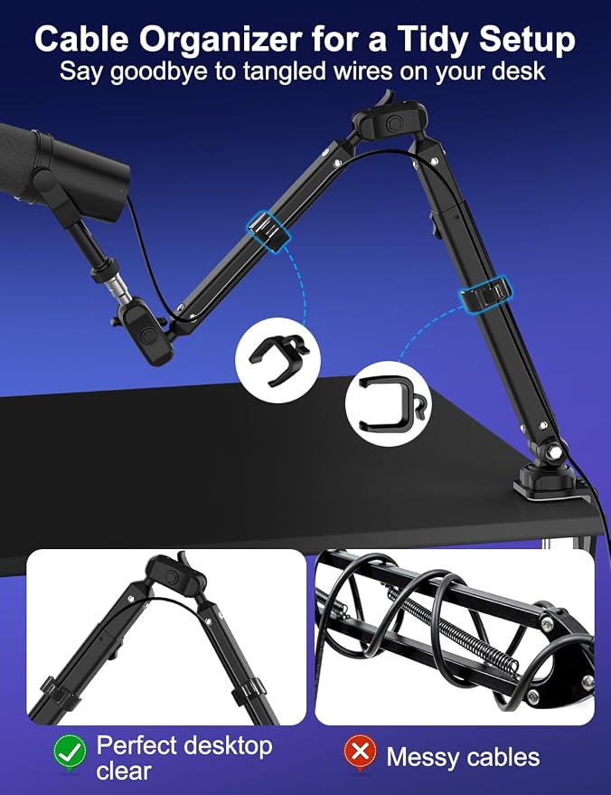 Microphone Boom Arm, 360° Rotatable Heavy Duty Stable Metal Low Profile Mic Arm Stand Desk Mount for Podcast Live Streaming Gaming Studio, with Cable Management, 3/8'' to 5/8'' Adapter