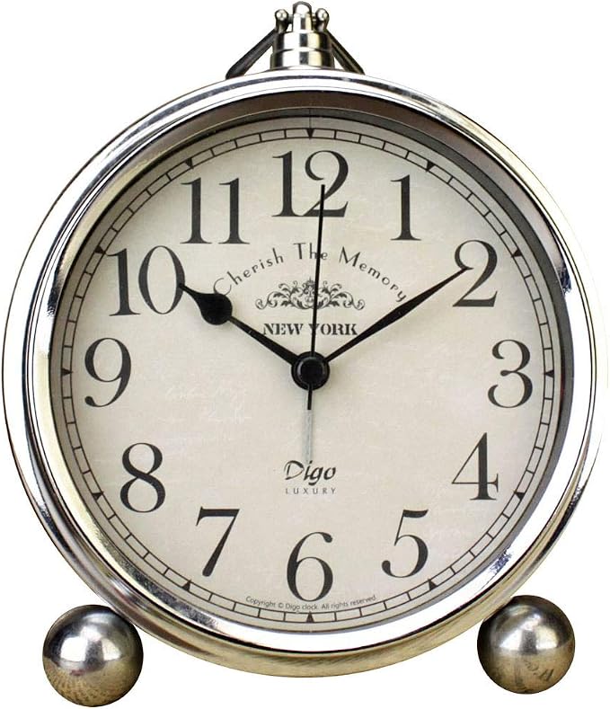 JUSTUP Vintage Table Clock, Iron European Style Desk Clock Battery Operated Non-Ticking Mantle Clock for Home Decor (Silver)