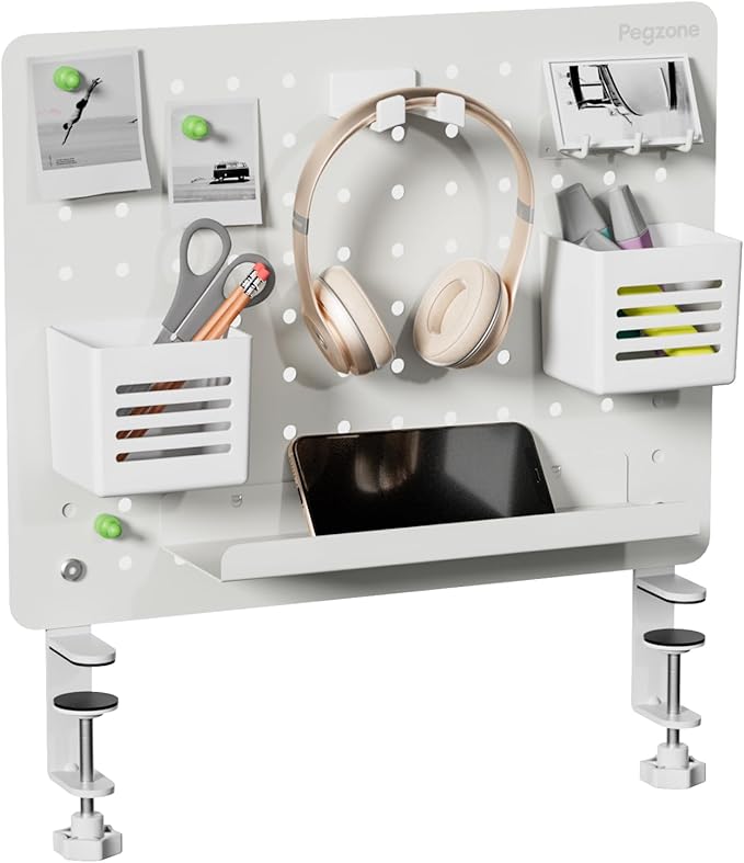 PEGZONE Clamp-on Desk Pegboard, Desk Organizer for Office Gaming Home, Magnetic Metal Peg Board with 10 Accessories, Privacy Panel, 16.5" x 12.6", Medium, White