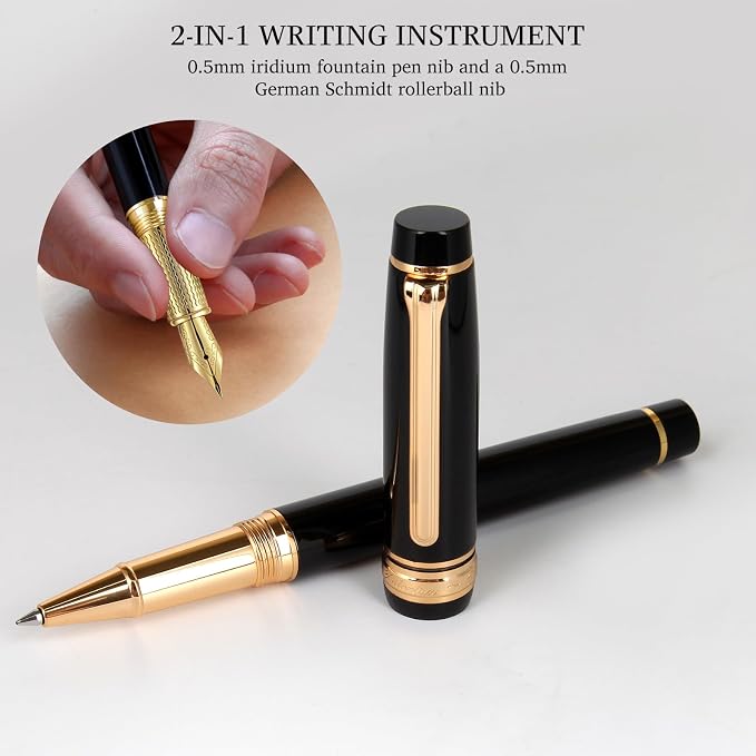 Fountain Pen & Rollerball Pen Set, 2-in-1 Luxury Writing Pen with F Iridium Fountain Pen Nib & 0.5mm Schmidt Rollerball Nib, Refillable Ink Cartridge & Converter, Brass Body with 24K Gold Accents