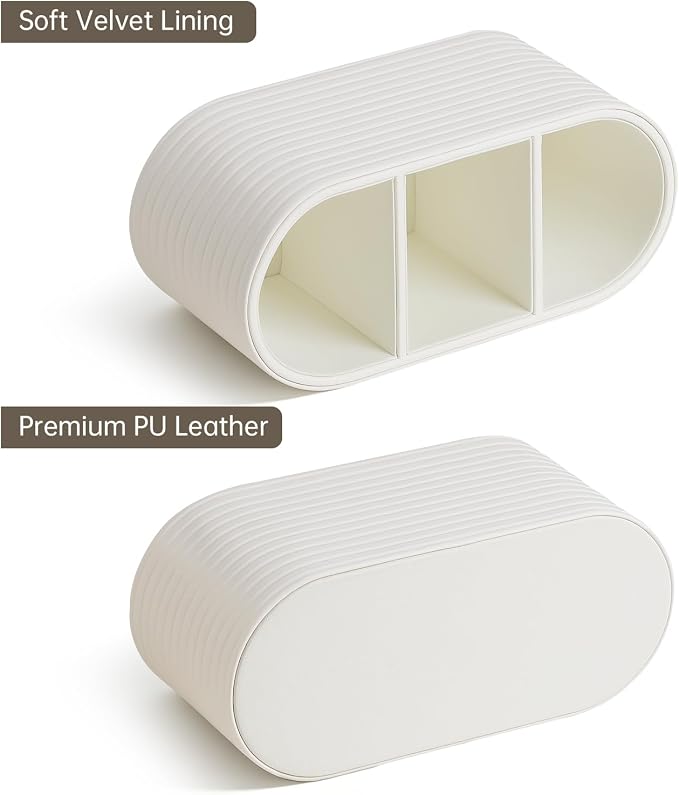 Remote Control Holder, Oval Pen Holder for Desk, Ivory | 3-Compartment Desk Caddy for Remotes, Glasses, Pens, PU Leather Small Desk Organizer for Nightstand, Coffee Table, Office