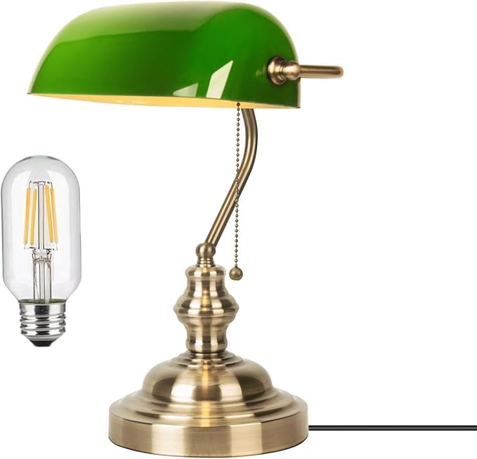 Green Bankers Lamp, Vintage Library Lamp with Pull Chain,Retro Table Lamps for Home Office, Study Room, Piano LED Bulb Included