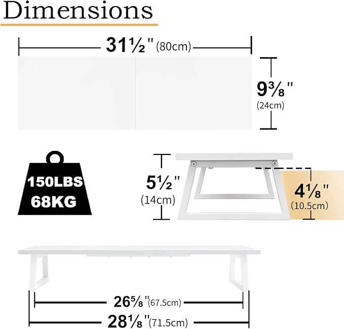 TEAMIX White Dual Monitor Stand Riser, 31.5 inch Long Stand, Desk Organizer | For Computer, Laptop, PC, Printer, Wood & Steel TV Stand, Holds 150lbs, Keyboard & PS5 Storage, For Home Office & Gaming