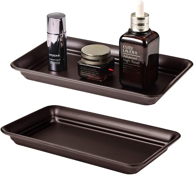 SheeChung Metal Vanity Tray, Bathroom Counter Storage Tray, Bronze 2 Pack | Sturdy Decorative Tray Holder, Farmhouse Vintage Decor Accessories for Perfume, Cosmetics, Jewelry, Makeup, Guest Hand Towel