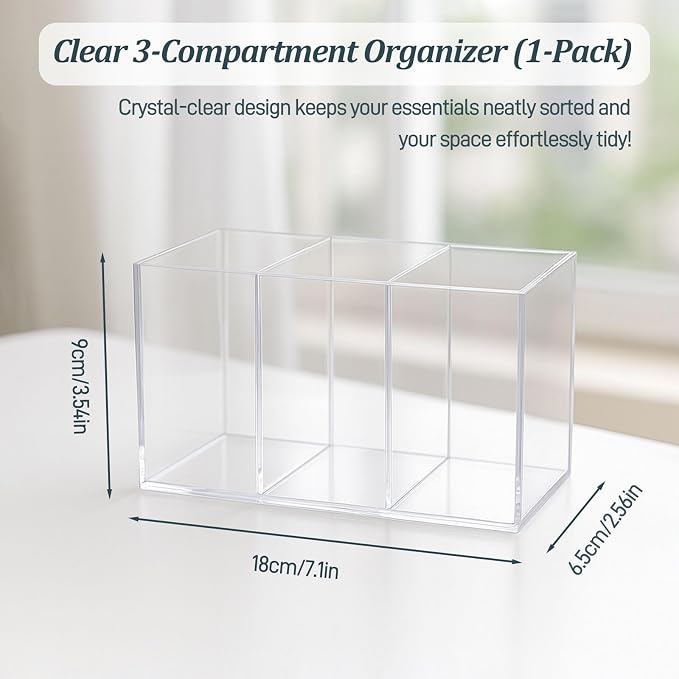 Clear Acrylic 3-Section Pen Organizer Caddy, Desktop Storage Holder for Office Supplies, Utensils, Makeup, and Home Use