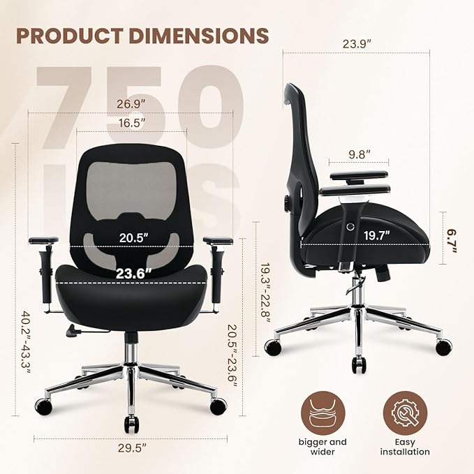 700lbs Big and Tall Office Chair for Heavy People Ergonomic Mesh Desk Chair with Wide Thick Seat Cushion,Adjustable Lumbar Support and 4D Armrests for Aitting All Day