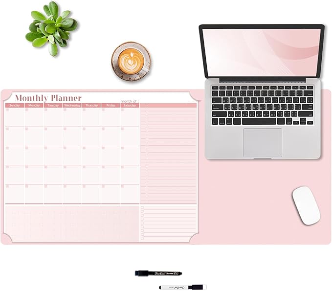 Multi-Functional Dual-Layer Dry Erase Desk Mat, Dry Erase Calendar for Desk - Erasable Desktop Writing Board with Calendar - Non-Slip Faux Leather Desk Protector for Home&Office - 16"x34" Pink
