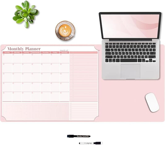 Multi-Functional Dual-Layer Dry Erase Desk Mat, Dry Erase Calendar for Desk - Erasable Desktop Writing Board with Calendar - Non-Slip Faux Leather Desk Protector for Home&Office - 16"x34" Pink