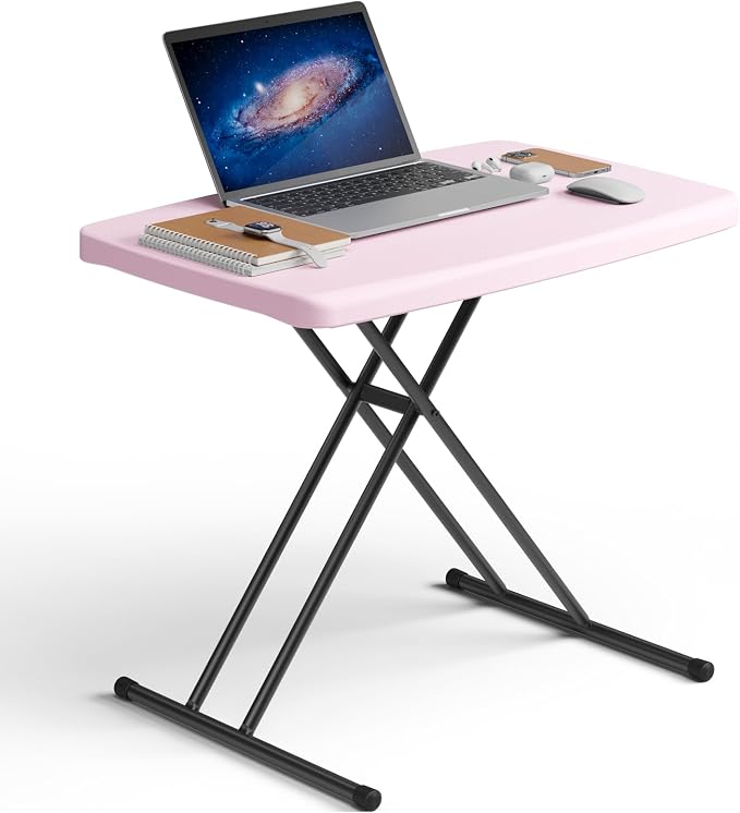 Folding Table 30 Inch - Small Desk Adjustable Height TV Tray for Laptop, Couch, Camping - Heavy Duty Utility Foldable Table for Small Spaces, No Assembly Required, Pink Granite