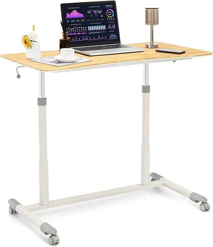 COSTWAY Mobile Height Adjustable Standing Desk, Compact Pneumatic Sit to Stand Computer Desk w/Lockable Casters, Ergonomic Rolling Laptop Table w/Steel Frame for Home Office (Natural)