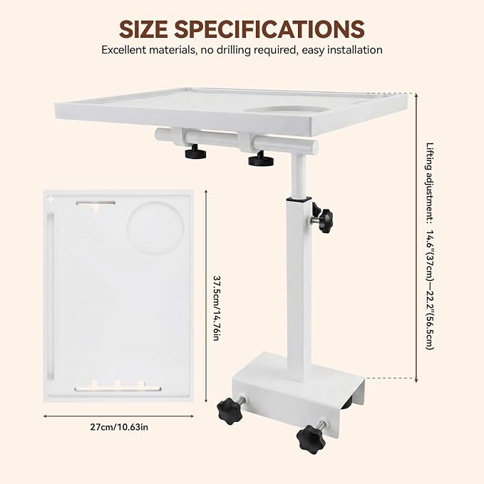 Bedside Shelf Rotating Foldable Tray:Height-Adjustable Clip On Bed Side Tray Table, Tray Table with Sturdy Metal Pole,Fits Bed Frames 0.7"-2.7" Wide for Dorms, Apartments, Bedrooms,Dorm Essentials