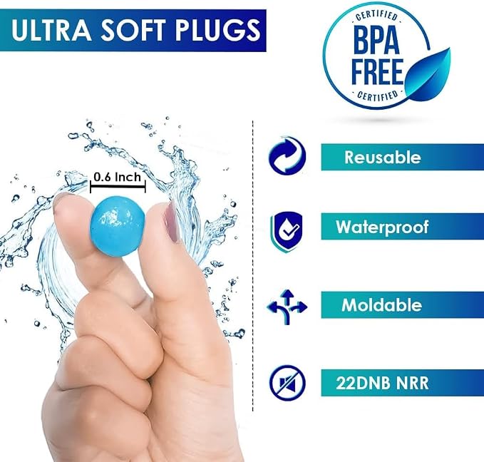 Ear Plugs for Sleeping, Swimming- Soft Noise Cancelling Silicone Gel Wax Earplugs for Sleep and Swimmers, Ear Protection with Sound Blocking Level of 32 Db (Blue, 16 Count (Pack of 1))