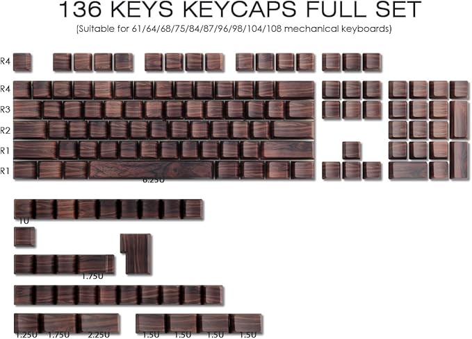 Tsungup Custom Keycaps 75 Percent,PBT Side Print 136 Keys Retro Brown Key caps Wooden Walnut Textures Keycap Set,Shine Through Duy Sub Cherry Profile Keyboard Keycaps