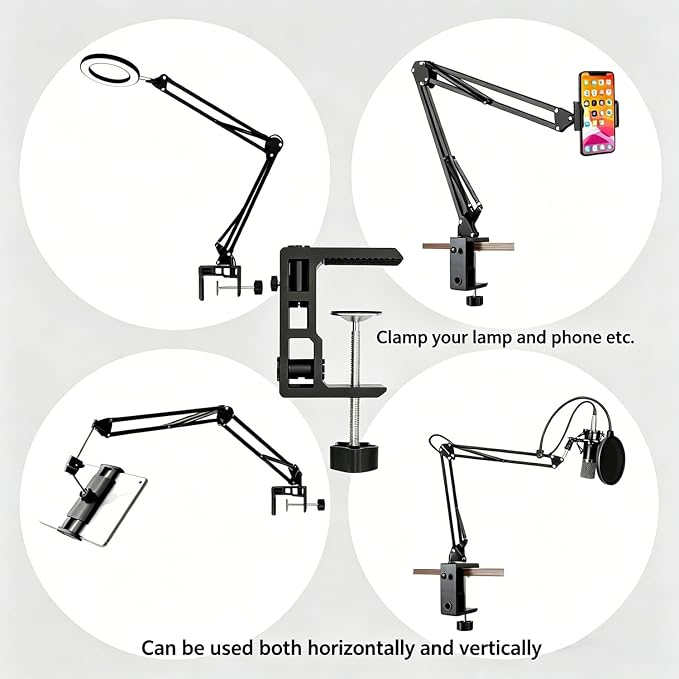 Replacement Heavy Duty C Clamp for 1/2” and 5/8” Hole Base Magnifying Lamp,Desk Lamp,Swing Arm Lamp,Phone I pad Mount,Tablet Mic Holder,Table Mount Clamp for Microphone Stand Mic Boom Arm (G2 BLACK)