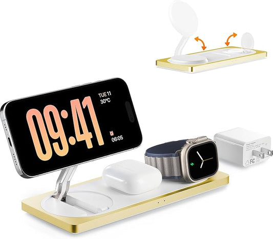 PETINO 3 in 1 Wireless Charging Station for Apple Devices with MagSafe | For iPhone 17/Air/16/15/14/13/12, AirPods & Apple Watch, Foldable Portable Aluminum Charging Stand, Adapter Included