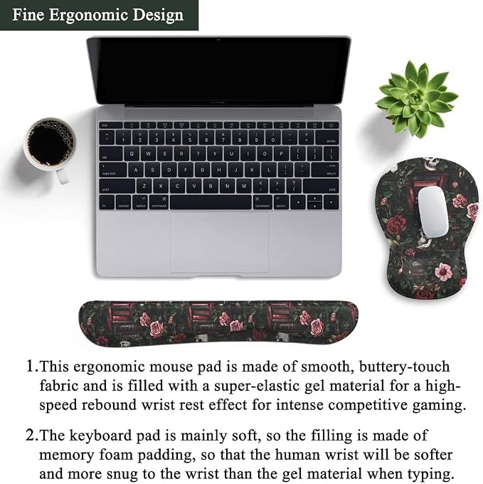 Gothic Skull Rose Ergonomic Mouse Pad with Wrist Rest & Keyboard Wrist Support Set - Non-Slip Gaming Office Desk Mat, Comfortable Memory Foam Cushion for Computer/Laptop Users, Home Office Workers
