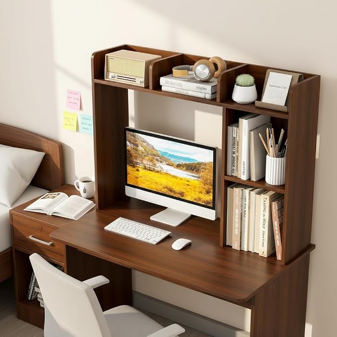 Tangkula Desktop Bookshelf, Countertop Storage Hutch with Shelves for Computer Desk, Desk 3-Tier Display Rack, Multipurpose Wood Desktop Hutch Storage Organizer for Dorm Office (Walnut)