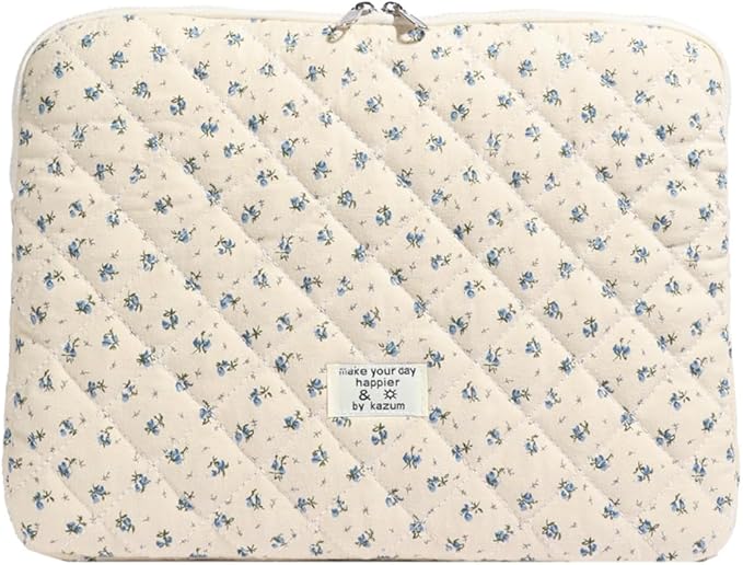 Cute Laptop Sleeve 13-15 inch Laptop Case Aesthetic Quilted Laptop Sleeve Computer Bag with Flower Printing for MacBook (A-Blue, 13inch)
