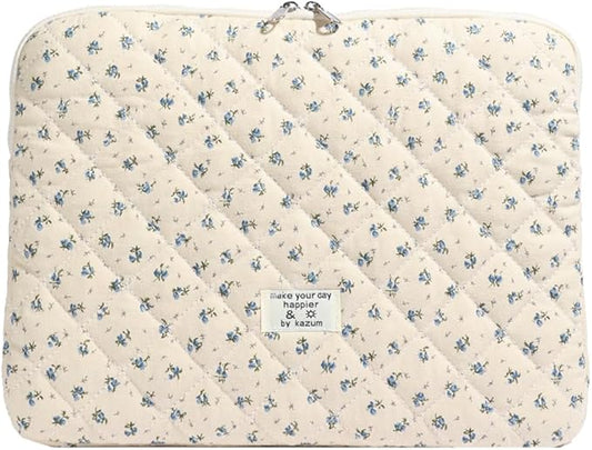 Cute Laptop Sleeve 13-15 inch Laptop Case Aesthetic Quilted Laptop Sleeve Computer Bag with Flower Printing for MacBook (A-Blue, 13inch)