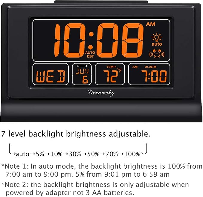 DreamSky Alarm Clocks for Bedrooms with Battery Backup, Auto Set | Digital Clock with Date & Day of Week, 5 Inch Large Display, Weekday, Temperature, USB Port, Auto DST, Brightness Dimmer
