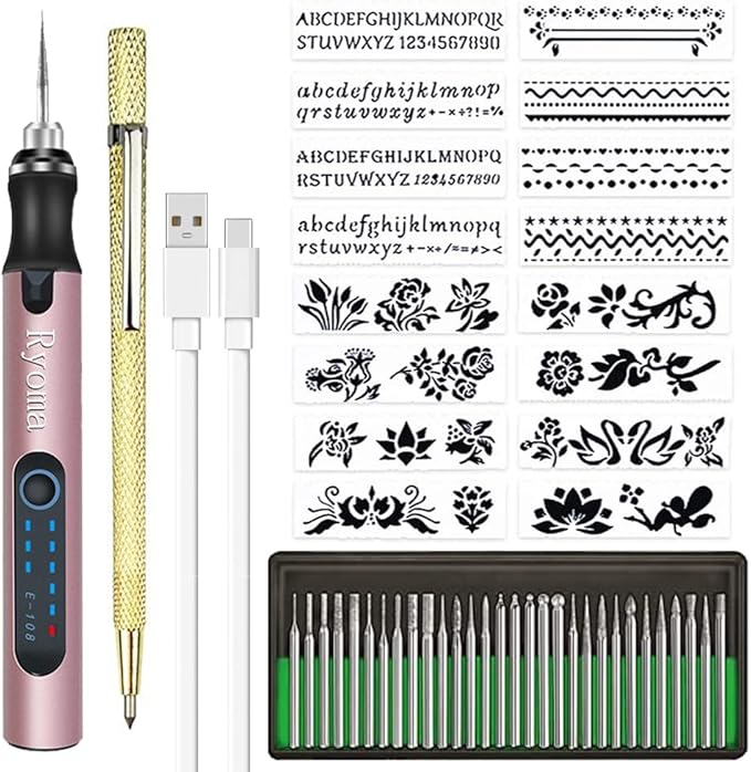 Rechargeable cordless Electric Micro Engraver Pen Mini DIY Engraving Tool Kit for Metal Glass Ceramic Plastic Wood Jewelry with 30 Bits and 16 Stencils and 1 Scriber Pen