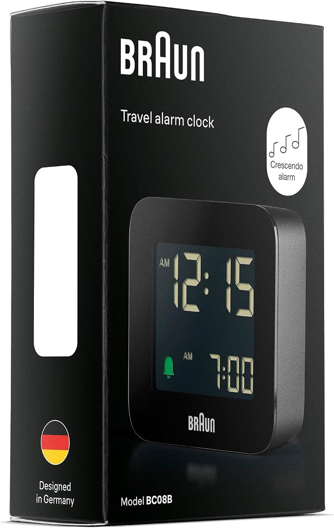 Braun Digital Travel Alarm Clock with Snooze, Compact Size, Negative LCD Display, Quick Set, Crescendo Beep Alarm in Black, Model BC08B (1-Pack)