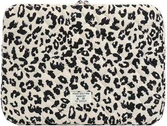 Cute Bow Puffy Laptop Sleeve 13-15 Inch Cute Quilted Laptop Protective Case Padded Bow Computer Sleeve for MacBook (Leopard Beige, 15inch)