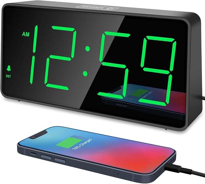 Peakeep Digital Alarm Clock for Bedrooms Bedside, Loud for Heavy Sleepers | Large Big LED Numbers Dimmable for Seniors, Battery Backup Plug in Electric Clock with USB Charger(Green)
