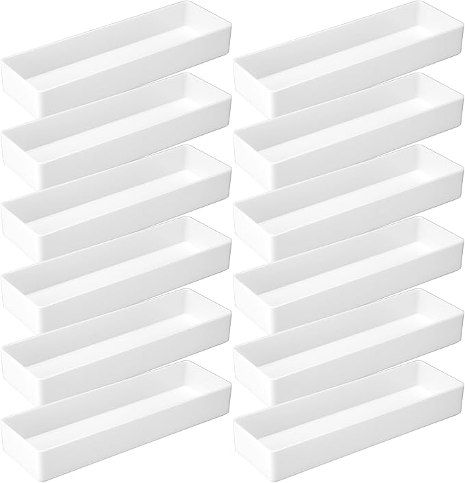 Teling 12 Pcs White Large Rectangular Desk Organizer Set Half Accessory Tray Plastic Tabletop Organizer for Office Home or Study Dimensions: 9.45 x 2.95 x 1.38 Inches