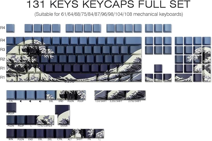 PBT Key caps Custom Cool Wave of Kanagawa Dark Blue Keycaps Keyboard | Tsungup Keycaps 75 Percent,131 Keys Dye Sub Side Print Shine Through Keycap Set,Cherry Key Caps for Mechanical Keyboard