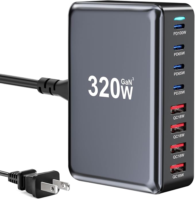 320W USB C Fast Charger Block, Multi-port USB Charging Station, GaN Ⅲ Double 100W PD PPS Port Fast Charging Station for Multiple Devices,Laptop Wall Charger Compatible with MacBook, iPhone 17,iPad etc