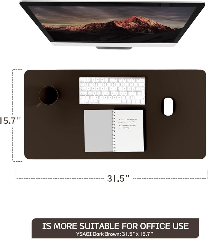 YSAGi Non-Slip Leather Desk Pad, Waterproof Laptop Computer Desk Keyboard Mat, Table Protector Blotter Mat, Large Mouse Pad for Office/Work/Home/Decor(Dark Brown, 31.5" x 15.7")