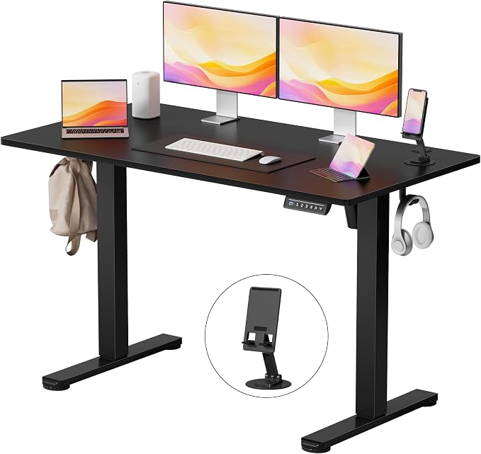 YESHOMY Height Adjustable Electric Standing Desk, 46 x 24 Inches Memory Home Office Sit Stand up Desk with Phone Holder and USB Charging Port, Black