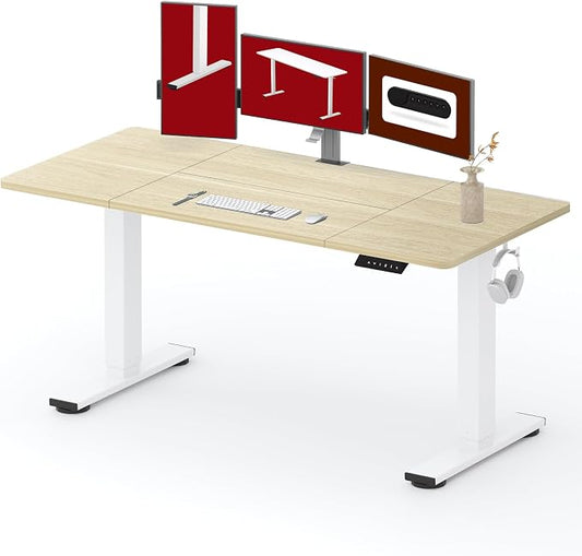 SANODESK Electric Standing Desk, 63 x 32'' Height Adjustable Sit Stand Desk with Large Splice Board Desktop Ergonomic Memory Presets Computer Workstations for Home Office, White Frame/White Wood Grain